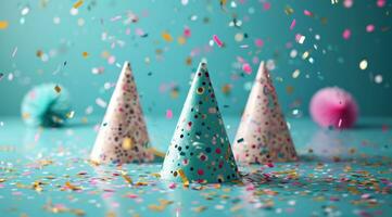 AI generated three party birthday party hats stand on blue blue ground photo