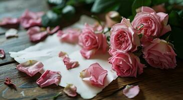 ai generado rosado Rosa pétalos, vacío blanco papel, y ramos de flores valores imágenes foto