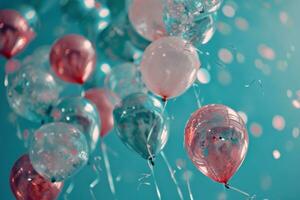 AI generated pink, blue and silver helium balloons falling behind a blue background photo