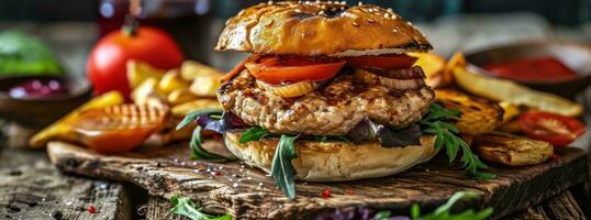 ai generado Turquía hamburguesa en un de madera tablero foto