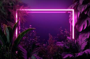 AI generated neon frame on dark background on the purple background with green leaves photo