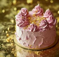 AI generated pink frosted cake sitting on gold background photo