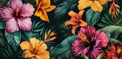 AI generated tropical flowers painted on black background photo