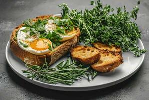 AI generated two bread sticks with eggs on a white plate with some herbs photo