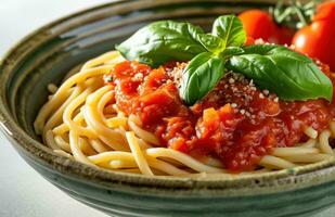 AI generated tomato paste on spaghetti in green ceramic bowl in white photo