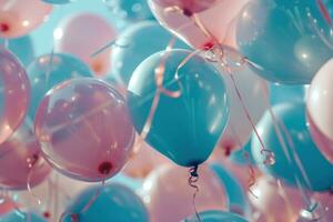 ai generado varios azul y rosado globos son visto en el aire, foto