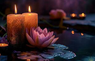 AI generated two large candles are beside a lotus flower on a dark background photo