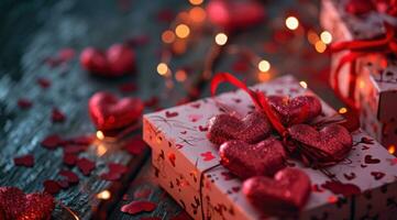 AI generated valentine's day gifts in a pink gift box with red hearts photo