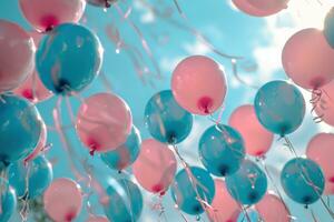 AI generated various blue and pink balloons are seen in the air, photo