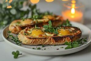 ai generado dos un pan palos con huevos en un blanco plato con algunos hierbas foto