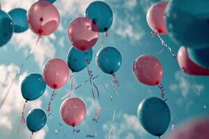 AI generated various blue and pink balloons are seen in the air, photo