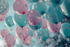 AI generated various blue and pink balloons are seen in the air, photo