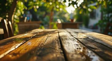 AI generated wooden table top on landscape background in blurry sunlight photo