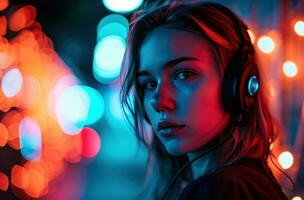 AI generated young woman with headphones in front of light photo