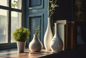 AI generated white vases on top of a table photo