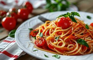 AI generated spaghetti on white plate with tomato photo