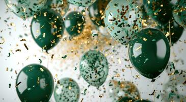 AI generated white frame full of green balloons, green confetti, and confetti photo