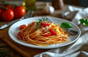 AI generated spaghetti on white plate with tomato photo