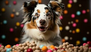 ai generado linda perrito sesión, mirando a cámara, con vistoso juguete pelota generado por ai foto