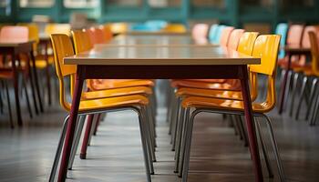 AI generated Empty classroom with tables and chairs in a row generated by AI photo