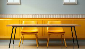 AI generated Bright yellow chair sits in modern, empty classroom with wood flooring generated by AI photo