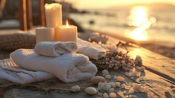 AI generated spa table full of towels and white candles photo