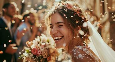 AI generated the bride and groom are smiling while getting confetti thrown at them photo