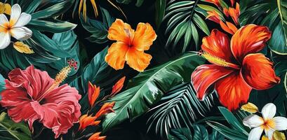 AI generated tropical flowers painted on black background photo