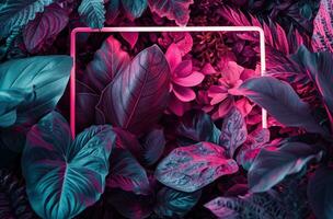 AI generated the glowing neon frame is surrounded by pink leaves and tropical flowers photo