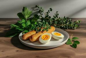 ai generado dos un pan palos con huevos en un blanco plato con algunos hierbas foto