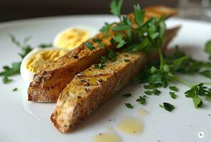 AI generated two bread sticks with eggs on a white plate with some herbs photo