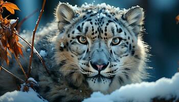 ai generado majestuoso Tigre curioso, salvaje belleza en naturaleza, nieve leopardo cerca arriba generado por ai foto