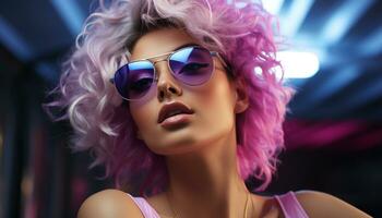 AI generated Beautiful young woman with curly hair wearing sunglasses and smiling generated by AI photo