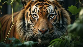 AI generated Majestic Bengal tiger, a cute endangered species, staring in nature generated by AI photo