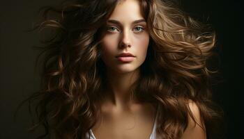 AI generated Beautiful woman with long curly hair looking at camera sensually generated by AI photo