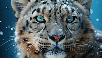 ai generado majestuoso nieve leopardo curioso, un peligroso belleza en naturaleza generado por ai foto