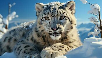 ai generado majestuoso Tigre merodeadores, sus a rayas piel mezcla con Nevado bosque generado por ai foto