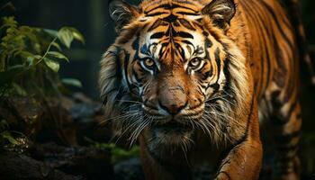 AI generated Majestic Bengal tiger staring, beauty in nature, wildcat in wilderness generated by AI photo