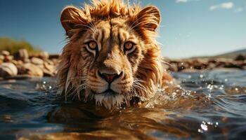 AI generated Majestic lion resting in the wilderness, staring at the sunset generated by AI photo