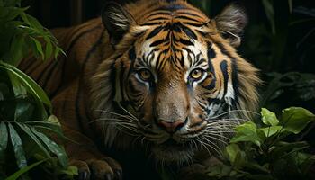 ai generado Bengala tigre, majestuoso y feroz, miradas dentro el cámara generado por ai foto