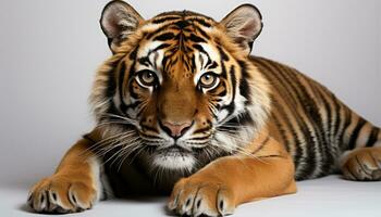 AI generated Majestic Bengal tiger, fierce and beautiful, stares into the camera generated by AI photo