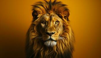 ai generado majestuoso león, Rey de el sabana, curioso con fuerza generado por ai foto