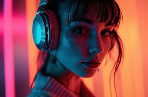 AI generated young woman with headphones in front of light photo