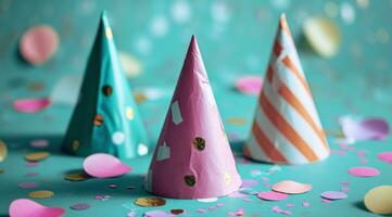 AI generated three party birthday party hats stand on blue blue ground photo