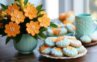 ai generado un Pascua de Resurrección mesa con galletas y un flor foto