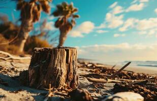 AI generated an old wooden stump, palm tree and blue skies on a beach photo