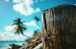 ai generado un antiguo de madera tocón, palma árbol y azul cielo en un playa foto