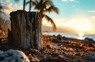 AI generated an old wooden stump, palm tree and blue skies on a beach photo