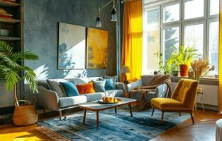 AI generated this living room is decorated in blue, gray and yellow photo