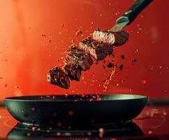 AI generated a steak flying out of a frying pan photo